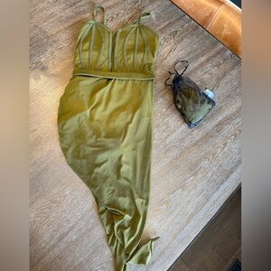 Olive Green Strapless Midi Dress with Matching Gloves